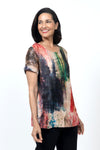 Top Ligne Chenille Watercolor Sequin Sleeve Top in Multi.  Textured chenille top.  Crew neck with short gold sequin sleeves with cuff.  Abstract splash print in red, blue and green on a beige background.  A line shape.  Relaxed fit._t_34624097485000