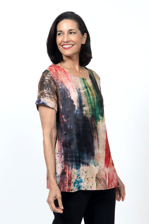 Top Ligne Chenille Watercolor Sequin Sleeve Top in Multi.  Textured chenille top.  Crew neck with short gold sequin sleeves with cuff.  Abstract splash print in red, blue and green on a beige background.  A line shape.  Relaxed fit._34624097485000