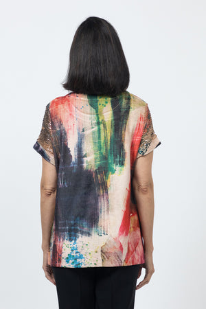 Top Ligne Chenille Watercolor Sequin Sleeve Top in Multi. Textured chenille top. Crew neck with short gold sequin sleeves with cuff. Abstract splash print in red, blue and green on a beige background. A line shape. Relaxed fit._34624097517768