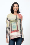 Top Ligne Contrast Hem Squares Waffle Top.  Abstract contrast color squares in shades of red, olive and black on a washed beige background. Crew neck with raglan long sleeves.  Asymmetric suede flounce at hem.  Washable suede back insert.  Dropped shoulder.  Side slits.  _t_34502752829640