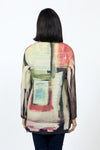 Top Ligne Contrast Hem Squares Waffle Top. Abstract contrast color squares in shades of red, olive and black on a washed beige background. Crew neck with raglan long sleeves. Asymmetric suede flounce at hem. Washable suede back insert. Dropped shoulder. Side slits._t_34502752764104