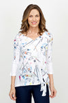 Top Ligne Artist Side Tie Top with Sequin Trim in White.  Sweatheart neckline 3/4 sleeve top.  Artist paint and brush print in multi colors on white.  Asymmetric front tie.  Clear sequin trim tab at lower sleeve.  Relaxed fit._t_61436921413998