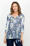 Top Ligne Daisy Side Tie Top with Sequin Trim in Black Multi.  Daisy print on a black and white stamp print background.  Sweetheart neckline 3/4 sleeve top with front asymmetric tie.  Clear sequin tab on lower sleeve. Relaxed fit._t_61436942975342