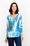 Top Ligne Brushmarks Round Neck Top in Blue.  Abstract brush stroke print in shades of blue on white.  Burnout fabric.  Rounded scoop neck with 3/4 sleeve.  A line shape.  Relaxed fit._t_61205441184110