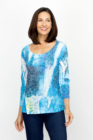 Top Ligne Brushmarks Round Neck Top in Blue.  Abstract brush stroke print in shades of blue on white.  Burnout fabric.  Rounded scoop neck with 3/4 sleeve.  A line shape.  Relaxed fit._61205441184110