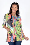 Top Ligne Palms Cardi Set in Multi.  Bright palm tropical print on a black background.  Waffle weave 2 piece set.  Crew neck a line sleeveless tank.  Drape front cardigan with washable suede trim around neck and front.  3/4 sleeves.  A line shape. Relaxed fit._t_34492422389960