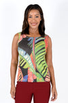 Top Ligne Palms Cardi Set in Multi. Bright palm tropical print on a black background. Waffle weave 2 piece set. Crew neck a line sleeveless tank. Drape front cardigan with washable suede trim around neck and front. 3/4 sleeves. A line shape. Relaxed fit._t_34492422258888