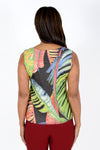 Top Ligne Palms Cardi Set in Multi. Bright palm tropical print on a black background. Waffle weave 2 piece set. Crew neck a line sleeveless tank. Drape front cardigan with washable suede trim around neck and front. 3/4 sleeves. A line shape. Relaxed fit._t_34492422357192