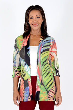 Top Ligne Palms Cardi Set in Multi. Bright palm tropical print on a black background. Waffle weave 2 piece set. Crew neck a line sleeveless tank. Drape front cardigan with washable suede trim around neck and front. 3/4 sleeves. A line shape. Relaxed fit._34492422226120