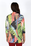 Top Ligne Palms Cardi Set in Multi. Bright palm tropical print on a black background. Waffle weave 2 piece set. Crew neck a line sleeveless tank. Drape front cardigan with washable suede trim around neck and front. 3/4 sleeves. A line shape. Relaxed fit._t_34492422193352
