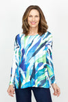 Top Ligne Streamers 2 Pocket Terry Tunic in Blue/Green.  Crew neck raglan sleeve terry longer length top.  2 front patch pockets with clear sequins.  Relaxed fit._t_61395417366894