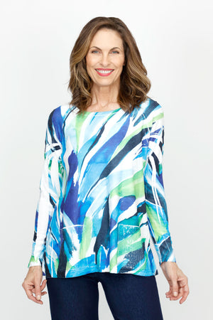 Top Ligne Streamers 2 Pocket Terry Tunic in Blue/Green.  Crew neck raglan sleeve terry longer length top.  2 front patch pockets with clear sequins.  Relaxed fit._61395417366894