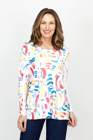 Top Ligne Crescents 2 Pockets Terry Tunic in Multi.  Crew neck long sleeve terry top with 2 front patch pockets with sequin detail.  A line shape.  Relaxed fit._61395249398126