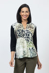 Top Ligne Terry Filagree Henley.  Filigreen print in white and beige.  Solid 3/4 sleeve top with solid black sequined stand up collar.  Solid black back.  Curved hem.  Relaxed fit._t_34553977733320