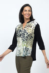 Top Ligne Terry Filagree Henley. Filigreen print in white and beige. Solid 3/4 sleeve top with solid black sequined stand up collar. Solid black back. Curved hem. Relaxed fit._t_34553977700552