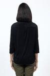 Top Ligne Terry Filagree Henley. Filigreen print in white and beige. Solid 3/4 sleeve top with solid black sequined stand up collar. Solid black back. Curved hem. Relaxed fit._t_34553977766088