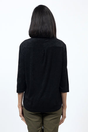 Top Ligne Terry Filagree Henley. Filigreen print in white and beige. Solid 3/4 sleeve top with solid black sequined stand up collar. Solid black back. Curved hem. Relaxed fit._34553977766088