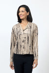 Top Ligne Lines Print Sueded Jacket in Beige with abstract black line print. Pointed collar washable suede jacket with banded hem. Riveted button closures. Long sleeves with rivet button cuff. Relaxed fit._t_34502707577032