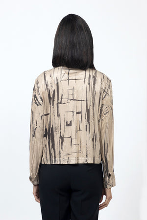 Top Ligne Lines Print Sueded Jacket in Beige with abstract black line print. Pointed collar washable suede jacket with banded hem. Riveted button closures. Long sleeves with rivet button cuff. Relaxed fit._34502707642568