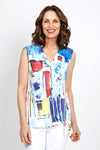 Top Ligne Sleeveless Abstract Tie Front Top.  White blue red and yellow abstract shapes and splashes.  Stand collar with notched v neck.  Off center tie in front.  Curved hem in back.  Relaxed fit._t_35439157969096