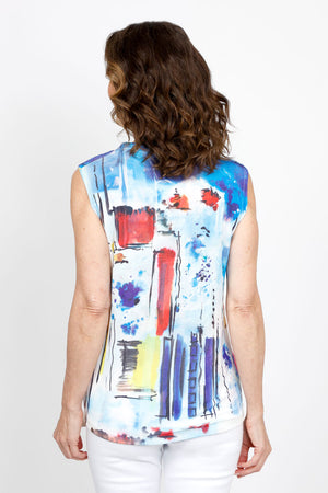 Top Ligne Sleeveless Abstract Tie Front Top. White blue red and yellow abstract shapes and splashes. Stand collar with notched v neck. Off center tie in front. Curved hem in back. Relaxed fit._35439157936328