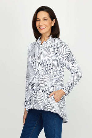 Top Ligne Woven Zip Jacket.  Grid woven pattern in black on white. Zip front long sleeve jacket with stand collar.  High low hem.  Curved in back.  A line shape.  Relaxed fit._60253135405422