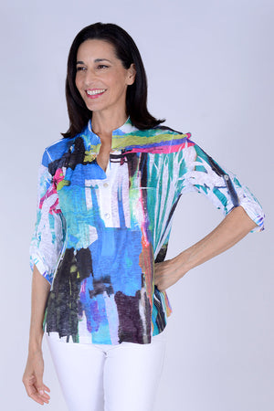 Top Ligne Abstract V Neck Henley in Multi. Stand up banded collar with split v. 2 button placket. Elbow length Sleeve with roll tab_60906824368494