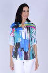 Top Ligne Abstract V Neck Henley in Multi. Stand up banded collar with split v. 2 button placket. Elbow length Sleeve with roll tab_t_60906824270190