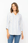 Habitat Coastal Boyfriend Tunic.  Multi colored blue embroidered vertical stripes on a white background.  Pointed collar button down.  3/4 sleeve with roll button tab.  Side insets at armole in diagonal stripe.  Back waist detail.  Shirt tail hem. Relaxed fit._t_35537067933896