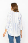 Habitat Coastal Boyfriend Tunic. Multi colored blue embroidered vertical stripes on a white background. Pointed collar button down. 3/4 sleeve with roll button tab. Side insets at armole in diagonal stripe. Back waist detail. Shirt tail hem. Relaxed fit._t_35537067868360