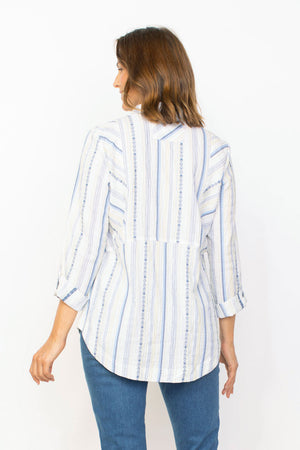Habitat Coastal Boyfriend Tunic. Multi colored blue embroidered vertical stripes on a white background. Pointed collar button down. 3/4 sleeve with roll button tab. Side insets at armole in diagonal stripe. Back waist detail. Shirt tail hem. Relaxed fit._35537067868360