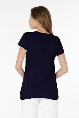 Mododoc Short Sleeve V Neck with Curved Hem in Rare Navy. V neck short sleeve high low tee. Raw edges. Relaxed fit._34631031619784