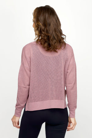 Planet Mini Seed Stitch Sweater in Elderberry.  Fine seed stitch crew neck with long sleeves and dropped shoulders.  Deep side slits.  Rib trim at neck, cuff and around hem.  Oversized, boxy fit._60985330762094