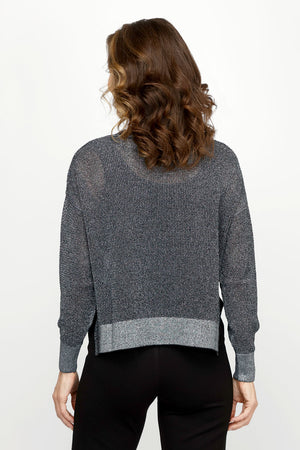 Planet Metallic Mini Seed Stitch Sweater in Black/Silver.  Metallic silver and black open weave knit. Crew neck long sleeve sweater with dropped shoulder.  Rib trim at neck, hem and cuff._60985315164526