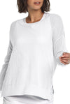 Planet Mini Seed Stitch Sweater in White.  Fine seed stitch crew neck with long sleeves and dropped shoulders.  Deep side slits.  Rib trim at neck, cuff and around hem.  Oversized, boxy fit._t_61189535334766