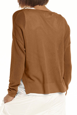 Planet Mini Seed Stitch Sweater in Chestnut.  Fine seed stitch crew neck with long sleeves and dropped shoulders.  Deep side slits.  Rib trim at neck, cuff and around hem.  _61189535269230
