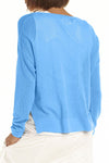 Planet Mini Seed Stitch Sweater in Sapphire.  Fine seed stitch crew neck with long sleeves and dropped shoulders.  Deep side slits.  Rib trim at neck, cuff and around hem.  _t_61189535236462