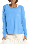 Planet Mini Seed Stitch Sweater in Sapphire.  Fine seed stitch crew neck with long sleeves and dropped shoulders.  Deep side slits.  Rib trim at neck, cuff and around hem.  Oversized, boxy fit._t_61189535170926