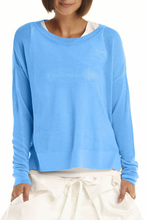 Planet Mini Seed Stitch Sweater in Sapphire.  Fine seed stitch crew neck with long sleeves and dropped shoulders.  Deep side slits.  Rib trim at neck, cuff and around hem.  Oversized, boxy fit._61189535170926