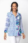 Habitat Crinkle Print Shaped Shirt in Royal.  Blue, purple, white and turquoise complementary prints.  Pointed collar button down shirt.  3/4 sleeve with contrast print cuffs.  High low hem.  Straight in front and curved in back.  Relaxed fit._t_34177588691144