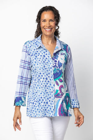Habitat Crinkle Print Shaped Shirt in Royal.  Blue, purple, white and turquoise complementary prints.  Pointed collar button down shirt.  3/4 sleeve with contrast print cuffs.  High low hem.  Straight in front and curved in back.  Relaxed fit._34177588691144