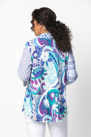 Habitat Crinkle Print Shaped Shirt in Royal. Blue, purple, white and turquoise complementary prints. Pointed collar button down shirt. 3/4 sleeve with contrast print cuffs. High low hem. Straight in front and curved in back. Relaxed fit._34177588723912
