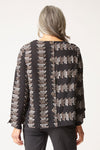 Habitat Embroidered Cotton Button Back in Black.  Embroidered textured broken strips in neutral brown and beige shades on a black background.  Crew neck top with bi directional print on front and sleeves.  Buttons up center back. Relaxed fit._t_61472690372974