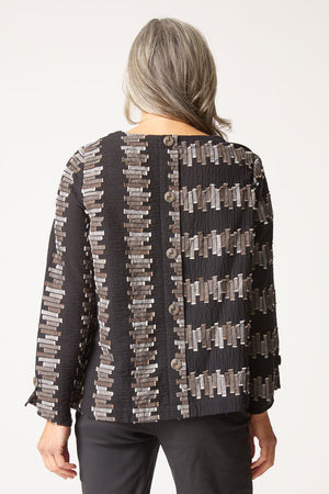 Habitat Embroidered Cotton Button Back in Black.  Embroidered textured broken strips in neutral brown and beige shades on a black background.  Crew neck top with bi directional print on front and sleeves.  Buttons up center back. Relaxed fit._61472690372974