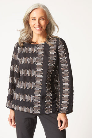 Habitat Embroidered Cotton Button Back in Black.  Embroidered textured broken strips in neutral brown and beige shades on a black background.  Crew neck top with bi directional print on front and sleeves.  Buttons up center back. Relaxed fit._61472690405742