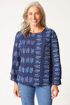 Habitat Embroidered Cotton Button Back in Navy.  Embroidered textured broken strips in shades of blue on a navy background.  Crew neck top with bi directional print on front and sleeves.  Buttons up center back. Relaxed fit._t_61472690438510
