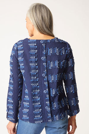 Habitat Embroidered Cotton Button Back in Navy.  Embroidered textured broken strips in shades of blue on a navy background.  Crew neck top with bi directional print on front and sleeves.  Buttons up center back. Relaxed fit._61472690471278
