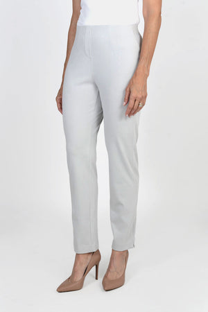 Holland Ave Sammy Denim Ankle Pant in Pearl gray. Pull on hidden waistband pant with faux zipper placket. Snug through hip and thigh falls straight to hem. 28" inseam._34827100717256