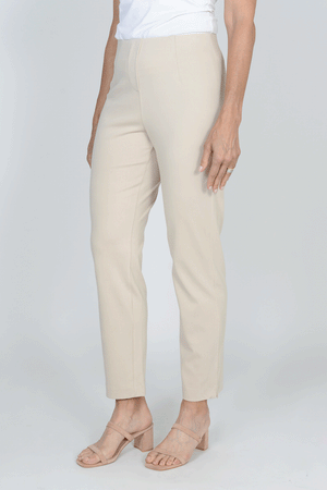 Holland Ave Sammy Denim Ankle Pant in Khaki. Pull on hidden waistband pant with faux zipper placket. Snug through hip and thigh falls straight to hem. 28" inseam._34827100684488