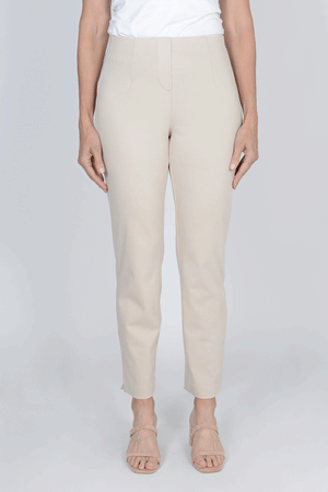Holland Ave Sammy Denim Ankle Pant in Khaki. Pull on hidden waistband pant with faux zipper placket. Snug through hip and thigh falls straight to hem. 28" inseam._34827100586184